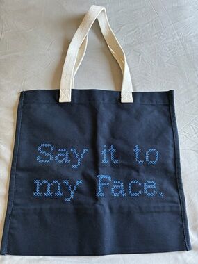 Navy Canvas Tote with Cream Handles and Blue Embroidery